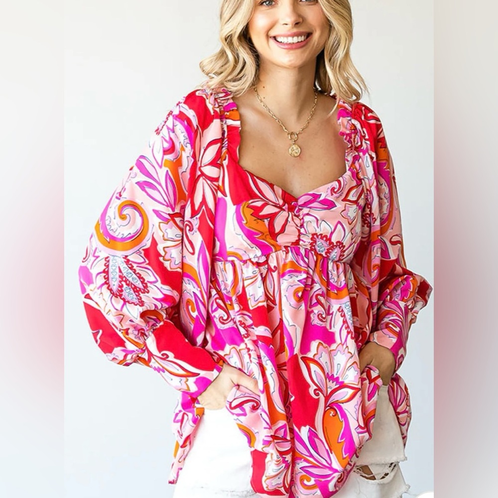 FIRST LOVE Women’s Boutique Brand Floral Print Woven Babydoll Top Size Medium